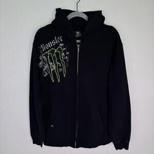 Monster Energy Jacket Mens Medium Y2K Zip Hoodie Sweatshirt Logo Graphic Black